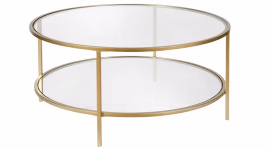 round glass and brass coffee table that looks like serena and lily