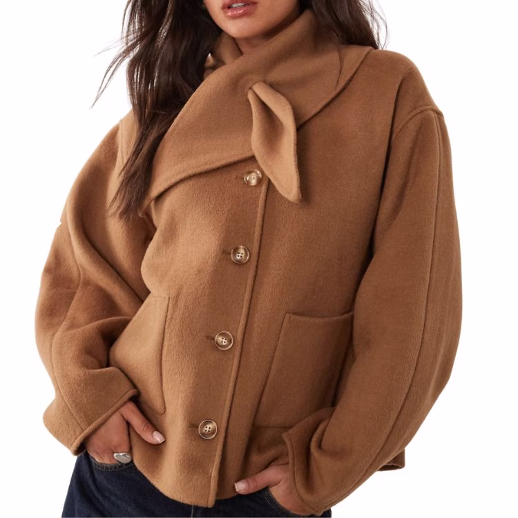 short wool camel coat wtih scarf attached