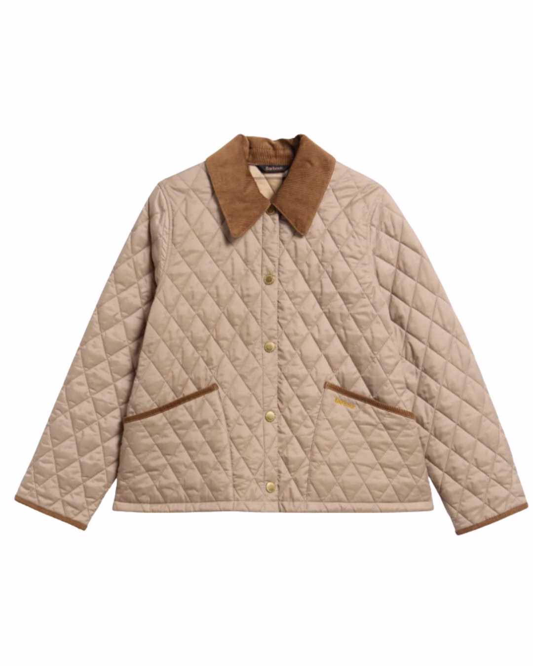 tan quilted barn coat with brown corduroy collar