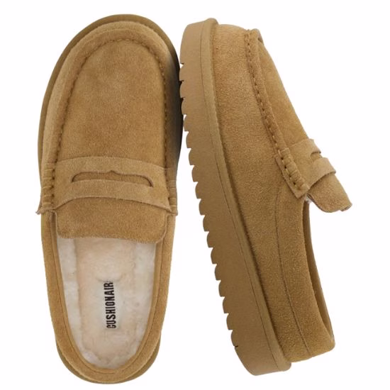 tan suede loafer clog with sheraling lining