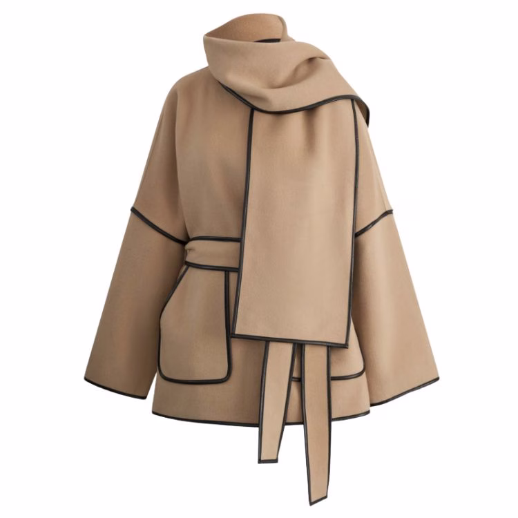 tan wool scarf coat wtih black trim