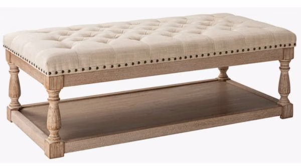 upholstered tufted ottoman coffee table with lower wood shelf