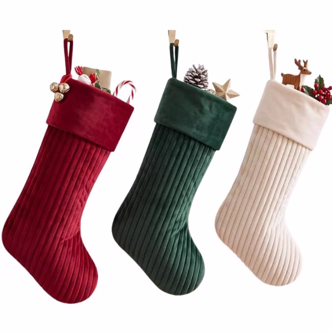3 red, green and white quilted stockings