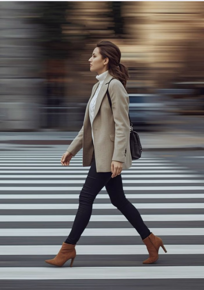 woman in blazer walking across a street