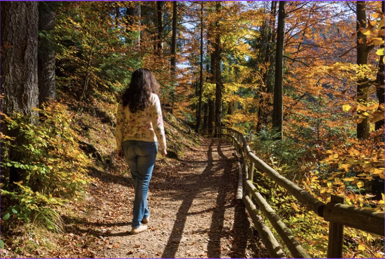 woman walking in the forest during fall