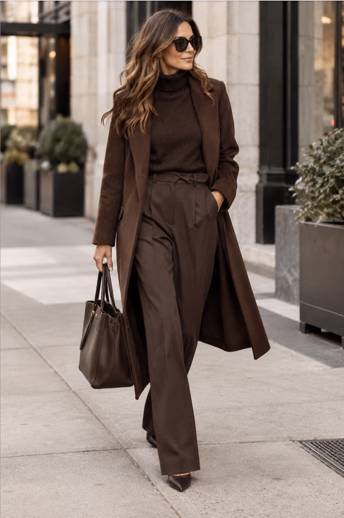 woman in chocolate brown monochromatic outfit