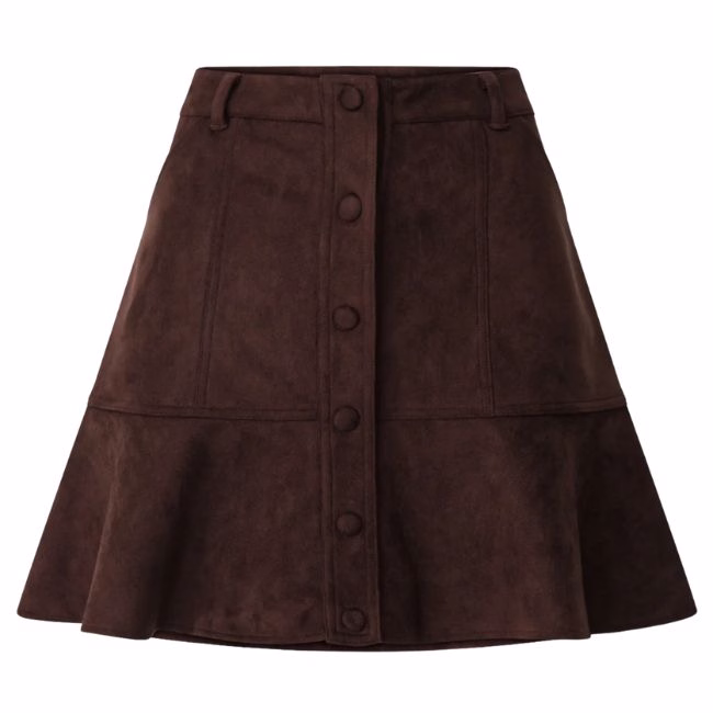 a line chocolate brown mini skirt with buttons down the front