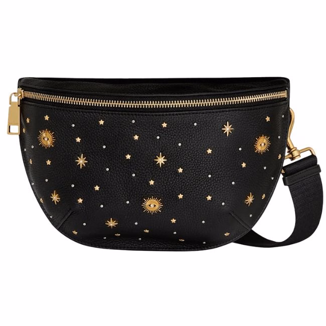 black handbag with gold evil eye designs