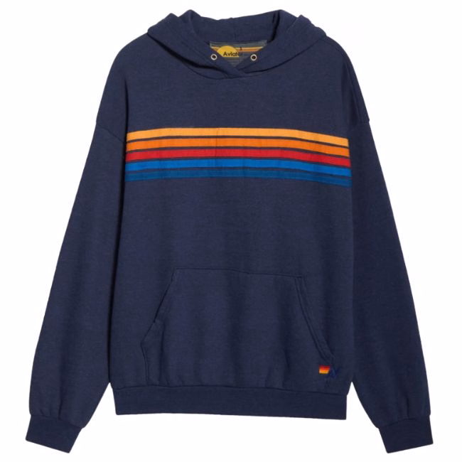 blue hoodie with colorful stripes