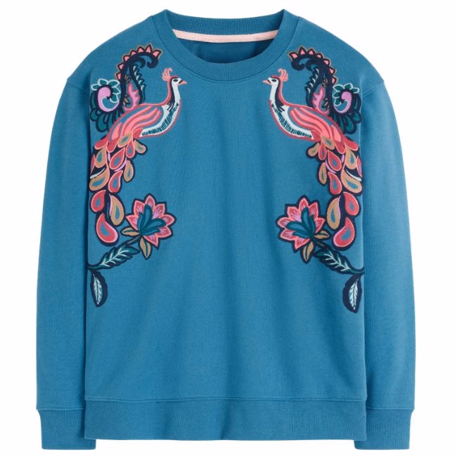 blue peacock embroidered sweatshirt