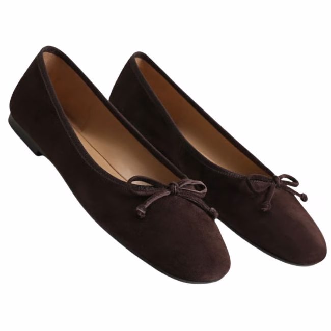 brown suede ballet flat with bow