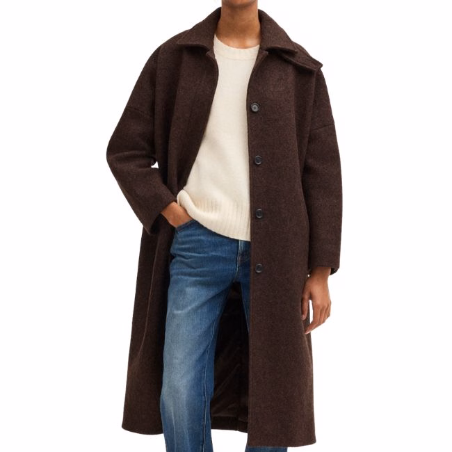 button front wool coat mid length wool in chocolate brown