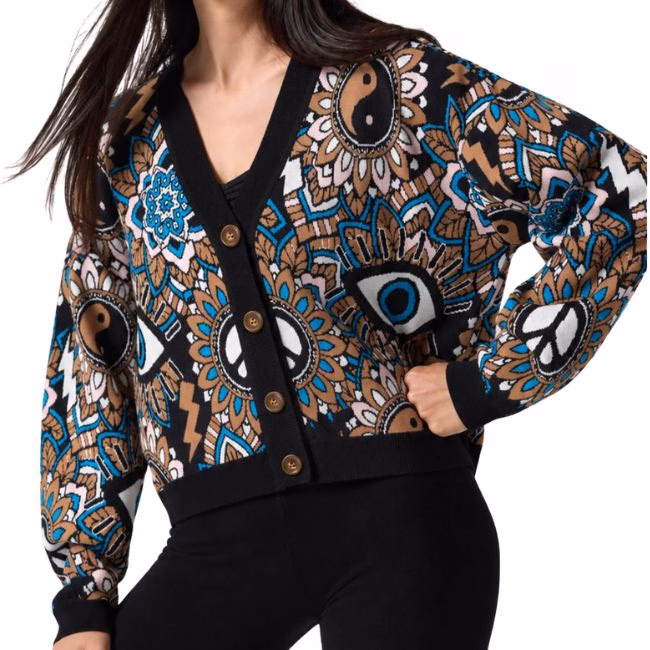 cardigan with evil eye and peace symbols