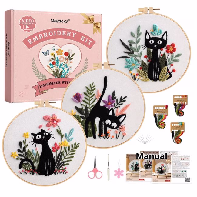 cat and flower embroidery kit