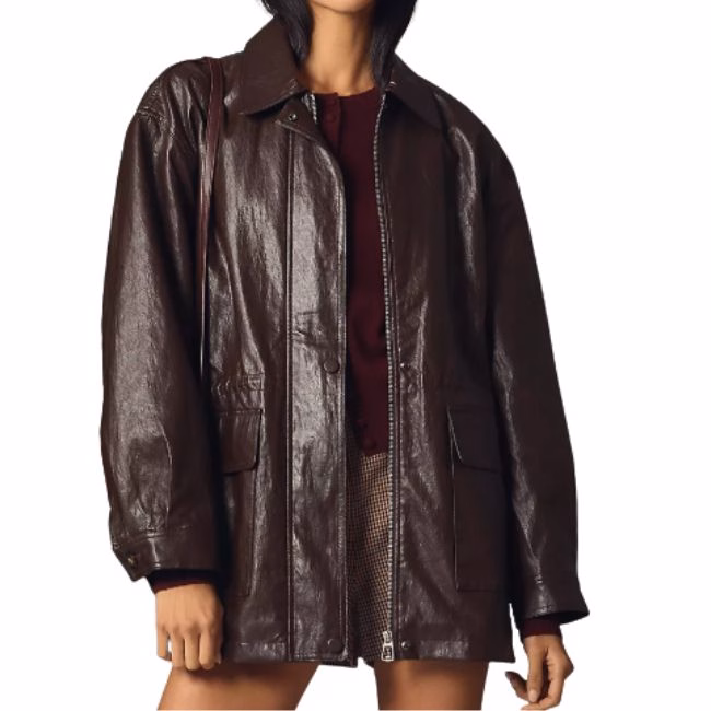 choclate brown zip up faux leather jacket