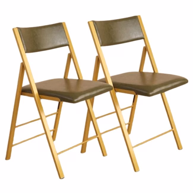 gold and green leather set of two folding chairs