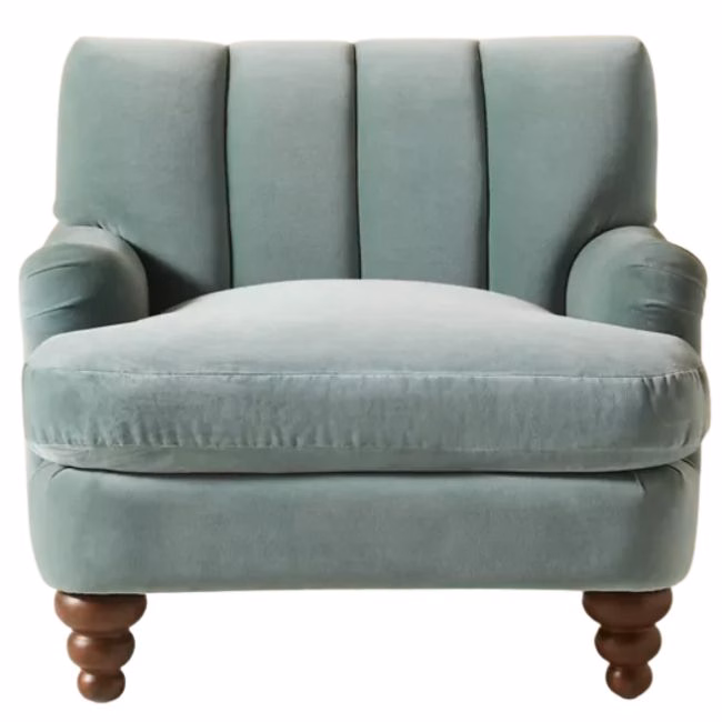 light blue velvet tufted oversized reading chair