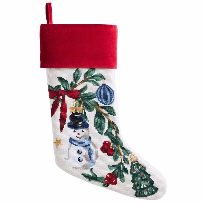 pottery barn needlepoint stocking with red top