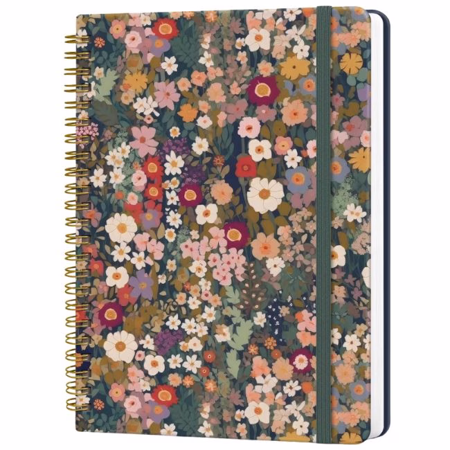 sprial bound notebook with flowers on the cover
