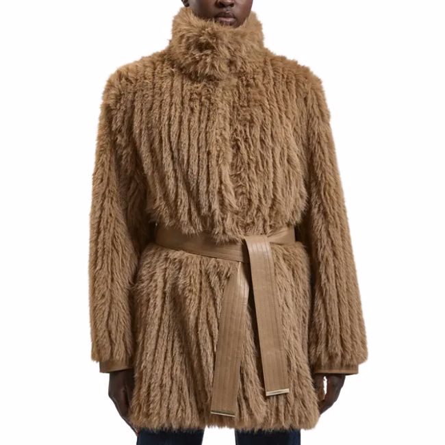 tan faux fur belted teddy coat