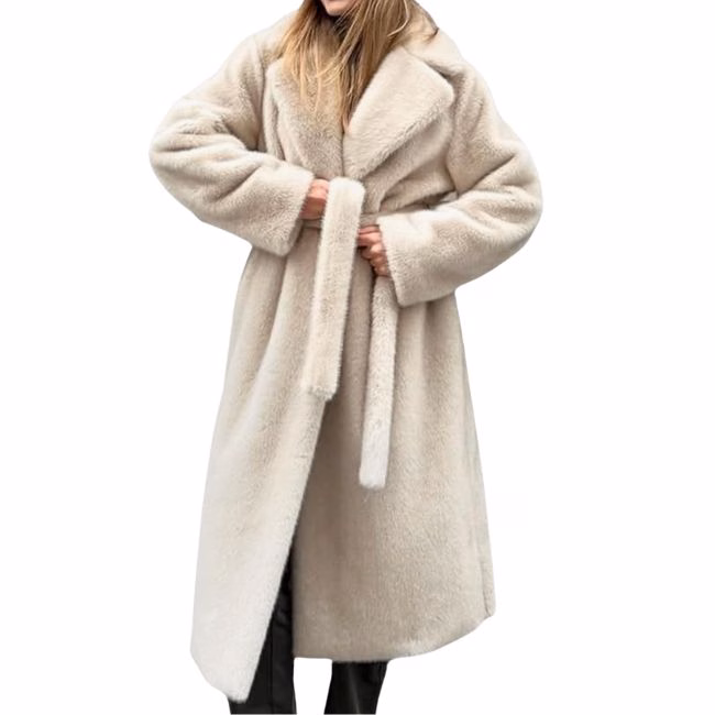winter white long belted teddy coat